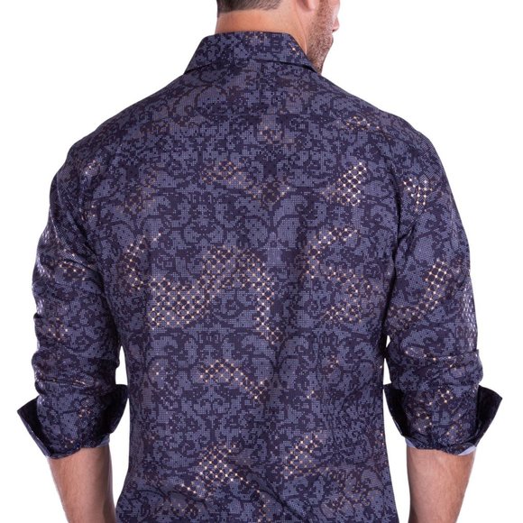 Bespoke Baroque Pattern Metallic Windowpane Print Long Sleeve Dress Shirt Navy - Picture 2 of 2